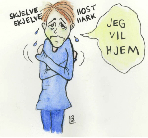 En syk elev som skjelver, hoster og harker. Eleven sier: "Jeg vil hjem."